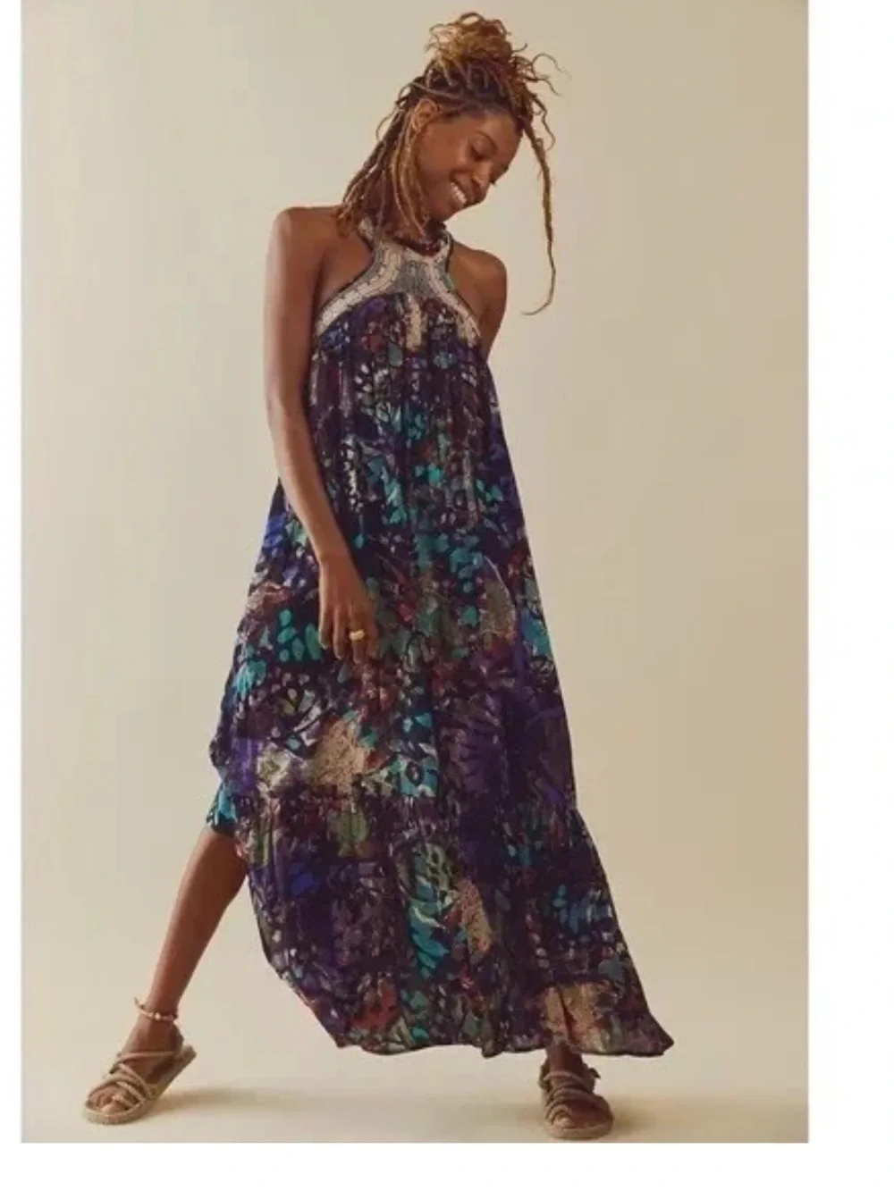Free People Monarch Maxi dress Black Multicolor Crochet Yoke Maxi Dress Feminine